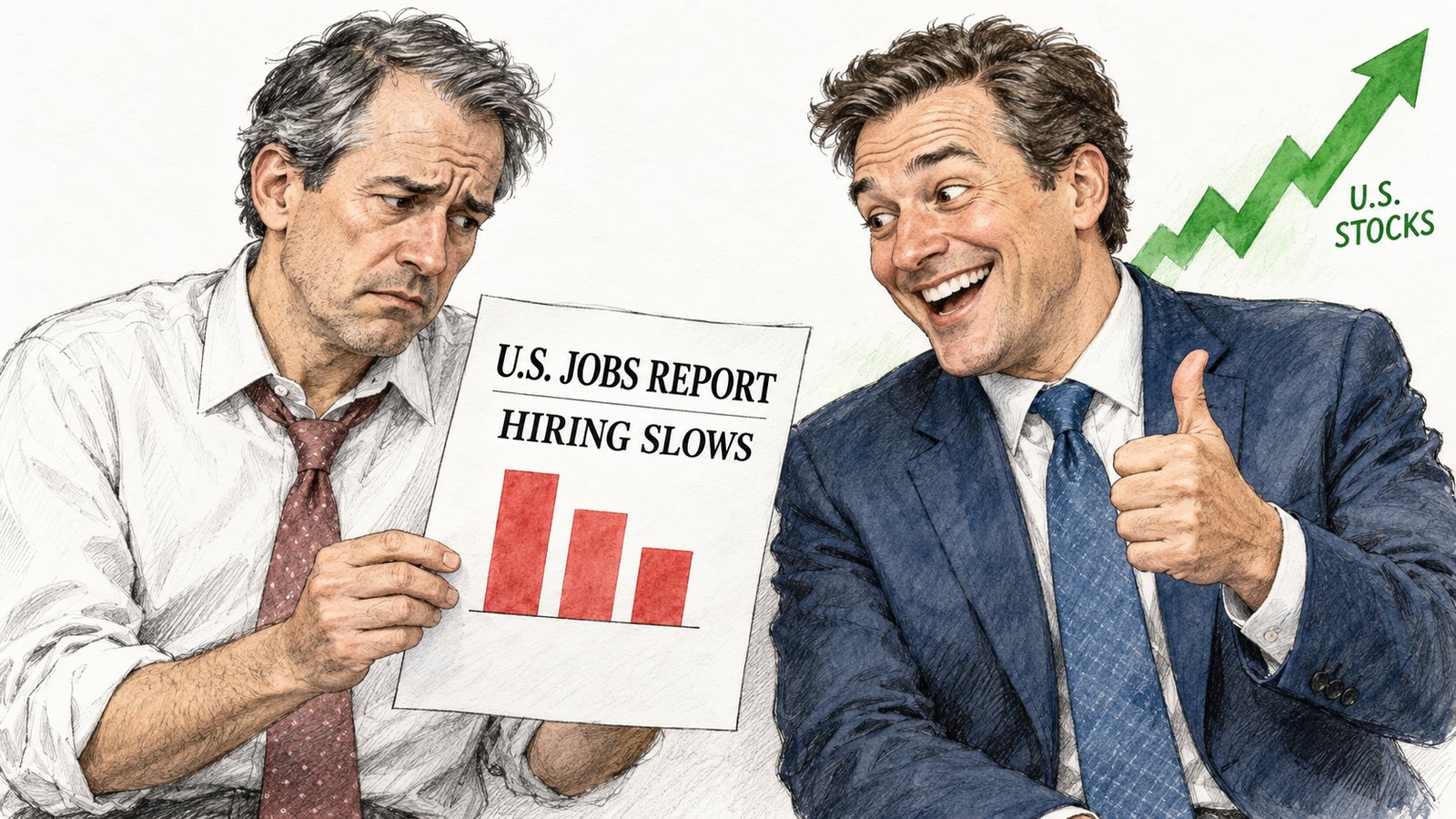 Sketch of a worried man holding a US jobs report showing hiring slowing, beside a grinning man giving a thumbs-up as US stocks rise