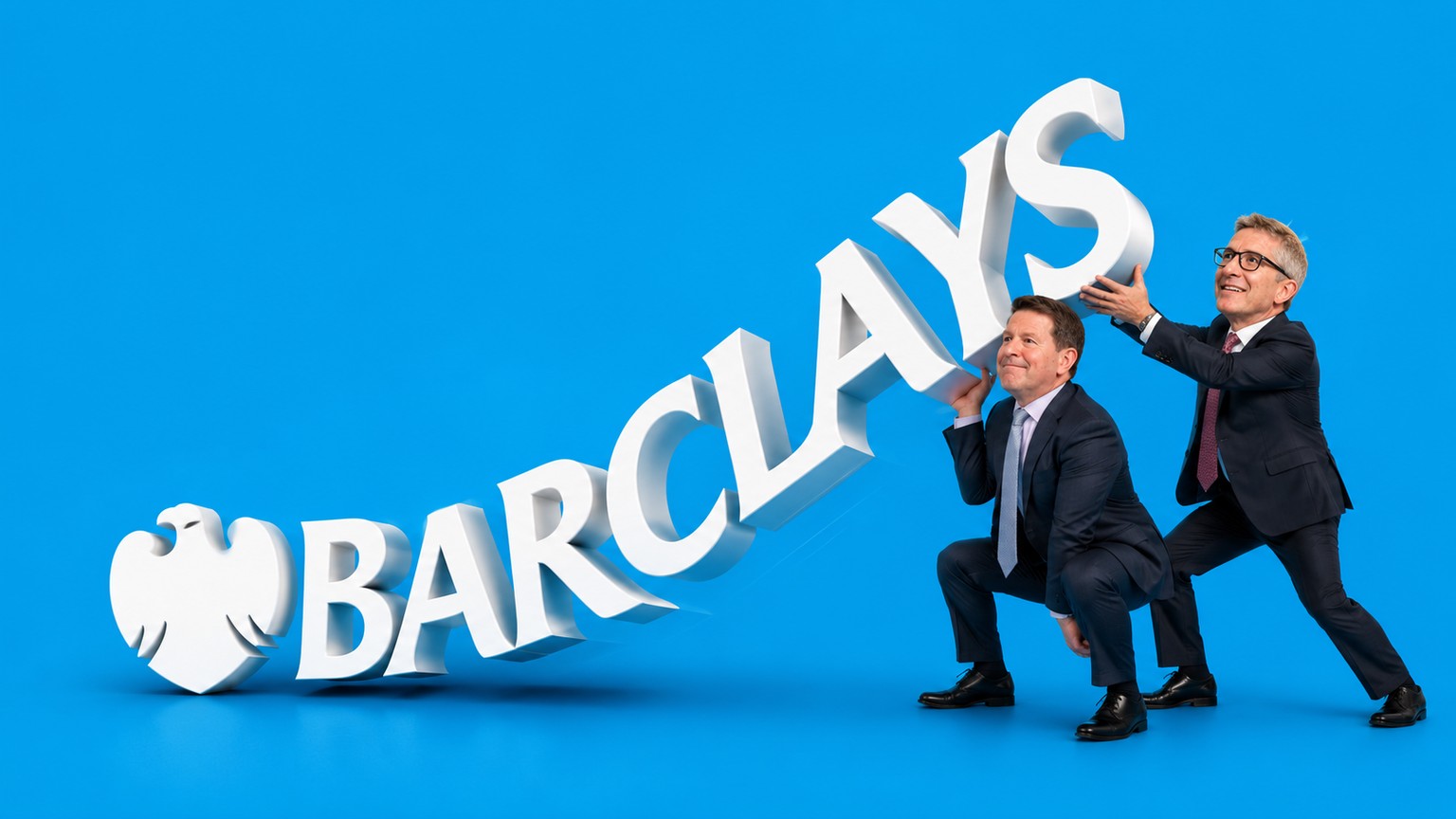 Barclays lettering being lifted upright by two people in business suits