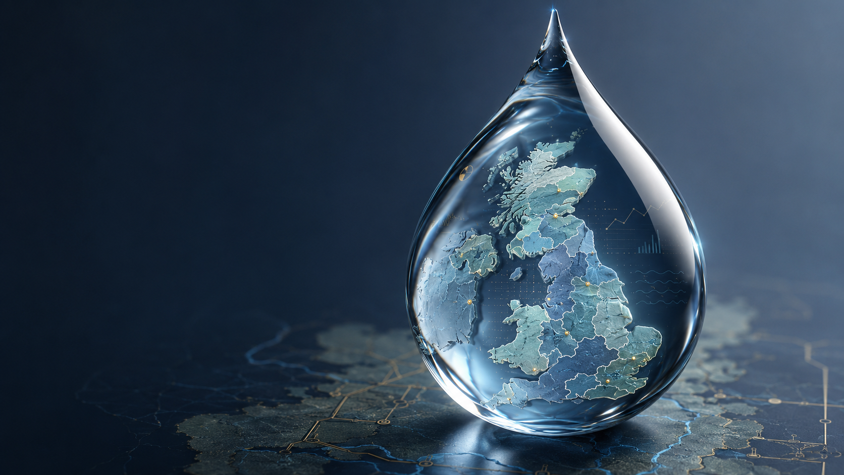 A water droplet holding a map of the UK